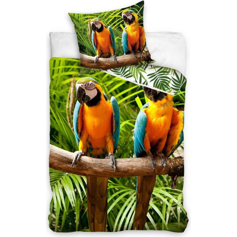 Kokvilnas gultas veļa 160x200 Papagaiļi zaļi un krāsaini ar vienu spilvendrānu 70x80 C24
