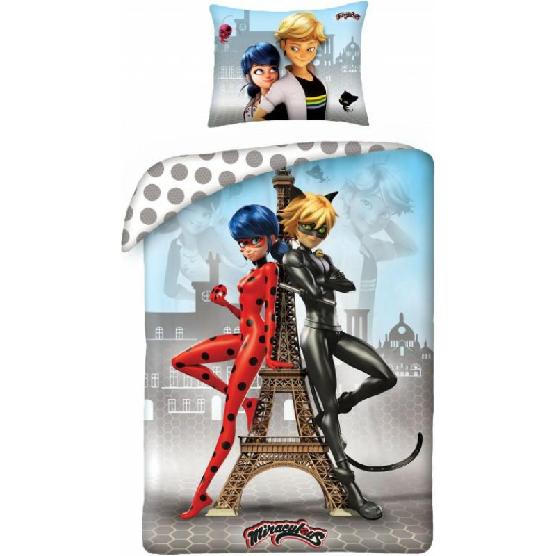 Kokvilnas gultas veļa 140x200 Miraculous Ladybug and Cat Noir zila spilvendrāna 70x90 Kids 12
