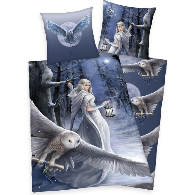 Kokvilnas gultas veļa 135x200 Anne Stokes Pūces zila spilvendrāna 80x80 H24