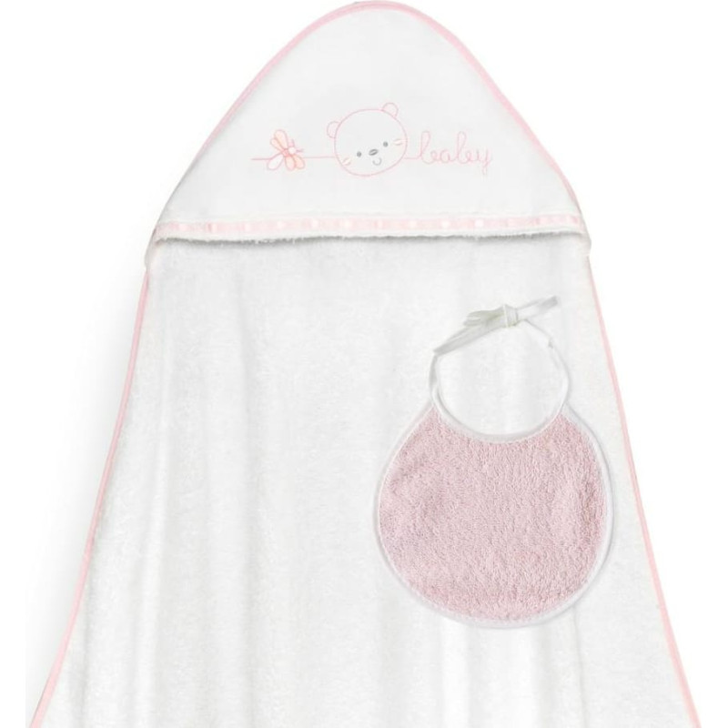 Interbaby Vannas dvielis 100x100 Baby balts rozā dvielis ar kapuci + priek&scaron;autiņ&scaron;