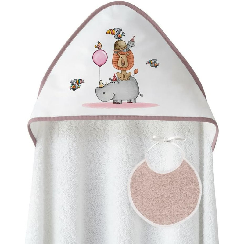 Interbaby Vannas dvielis 100x100 Rino Leon balts rozā dvielis ar kapuci + priek&scaron;autiņ&scaron;