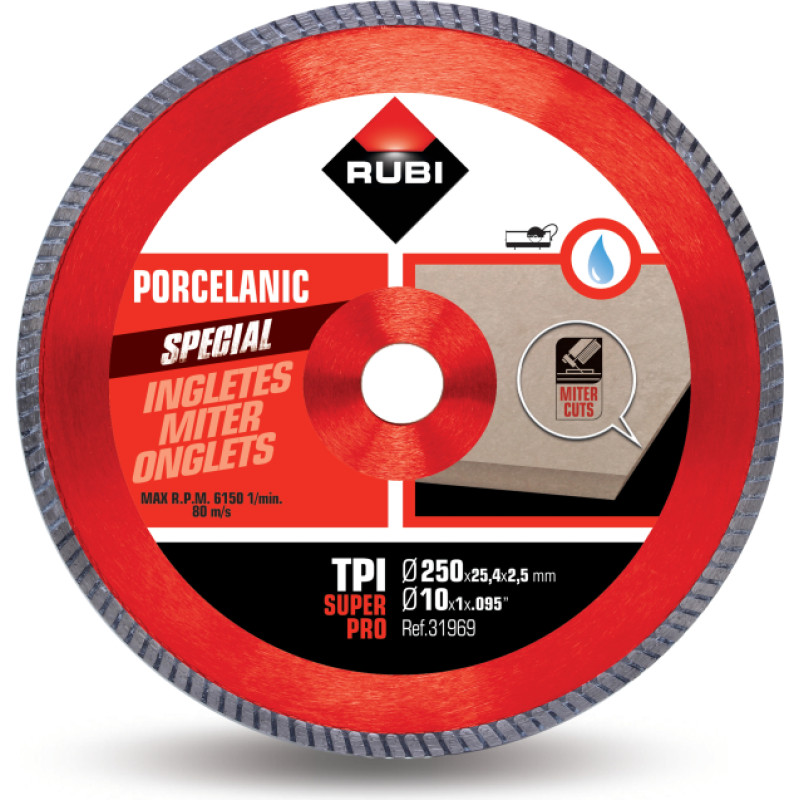 Rubi turbo TPI dimanta disks porcelāna keramikas griešanai leņķī, slapjš 250/25,4 mm, SUPERPRO klase, [31969]