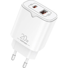 Network charger Vipfan E08, USB + USB-C, 20W PD + QC 3.0 (white)