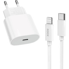 Rock Wall charger T18 Sugar Cube Series GaN - Type C - QC 3.0 PD 20W with Type C to Lightning cable white