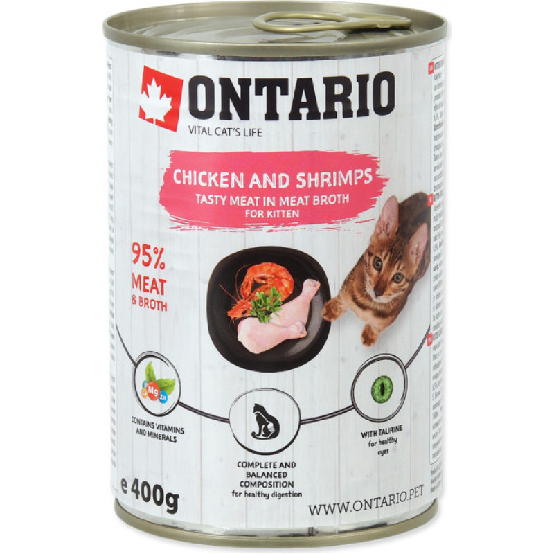 Ontario Konservēta barība kaķēniem - Ontario Cat can Chicken with Shrimps flavoured with Sea Buckthorn 400g