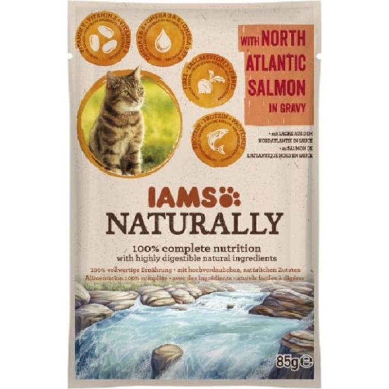 Iams Konservēta barība kaķiem : IAMS CAT Naturally Adult Salmon in gravy 85gr.