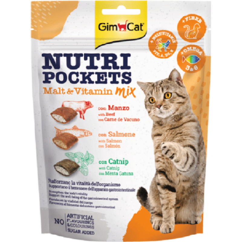 Gimborn Gardumi kaķiem : GIMBORN Nutri Pockets Malt Vitamin Mix with Beef, Salmon, Catnip, 150gr
