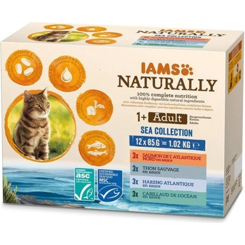 Iams Konservēta barība kaķiem : IAMS CAT Naturally Adult Sea Collection 12*85gr