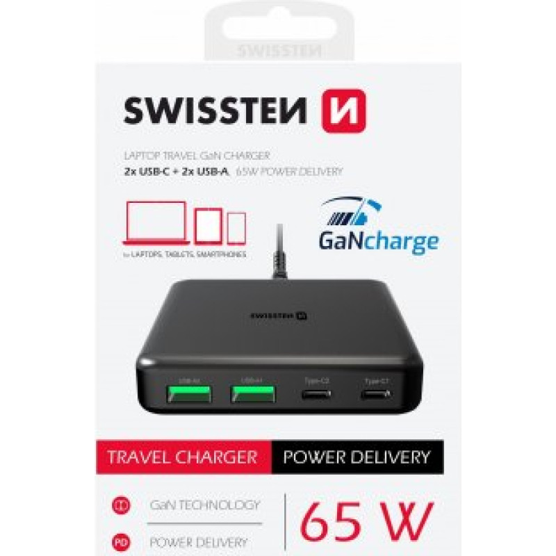 Swissten Desktop GaN Charger Adaperis 2x USB-C |  2x USB | 65W