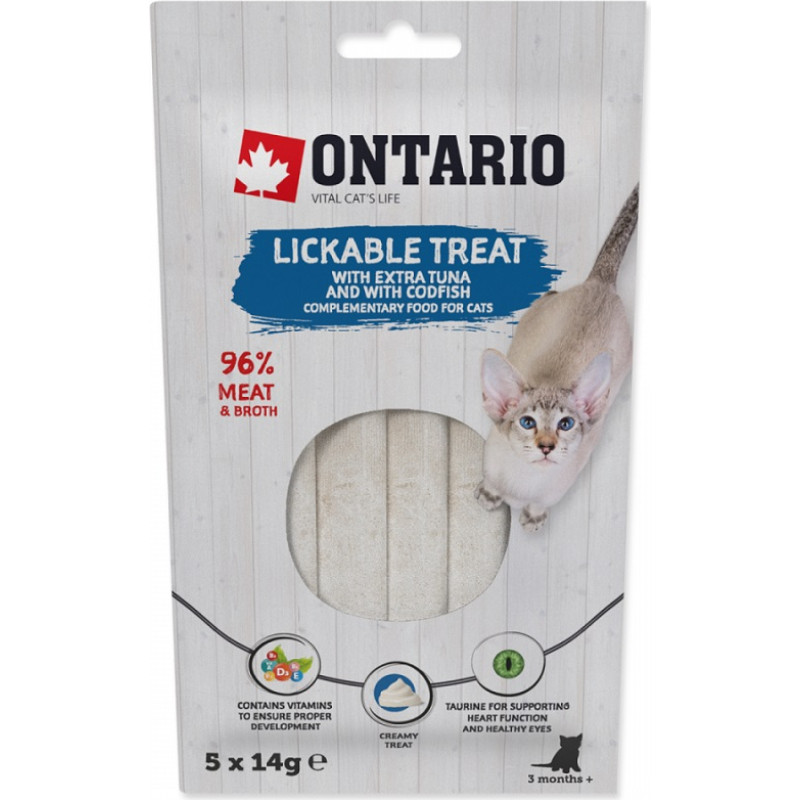 Ontario Gardums kaķiem – Ontario Lickable Treats with Tuna and Codfish, 5 x 14 g