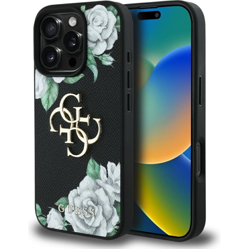 Case Guess Grained Roses Big 4G logo for iPhone 16 Pro Max black