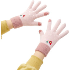 Women's winter telephone gloves with a snowman and a Christmas tree - pink