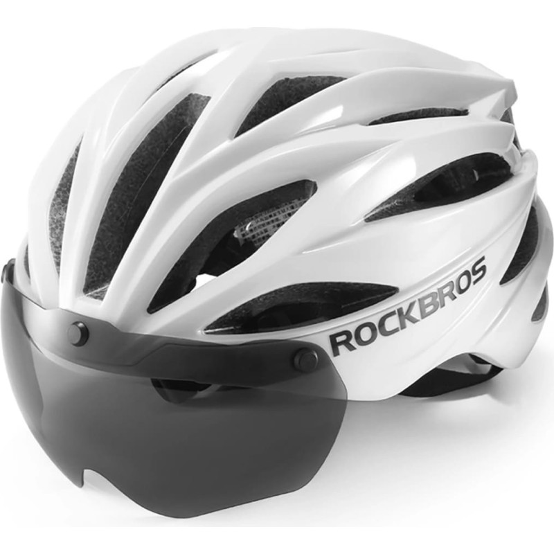 Rockbros Bike Helmet with Visor, Detachable UV Goggles, Unisex, Glossy - White
