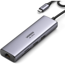 Ugreen HUB adapteris USB-C — USB-A / HDMI / RJ45 / SD un TF karšu lasītājs / USB-C PD 100 W — pelēks