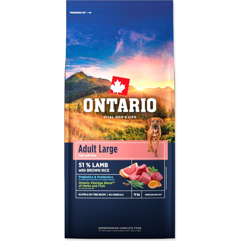 Ontario Sausa barība suņiem – Ontario Adult Large, Lamb and Brown Rice, 12 kg