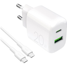 Puro USB-A USB-C 20W sienas lādētājs ar 1,2 m USB-C kabeli - balts