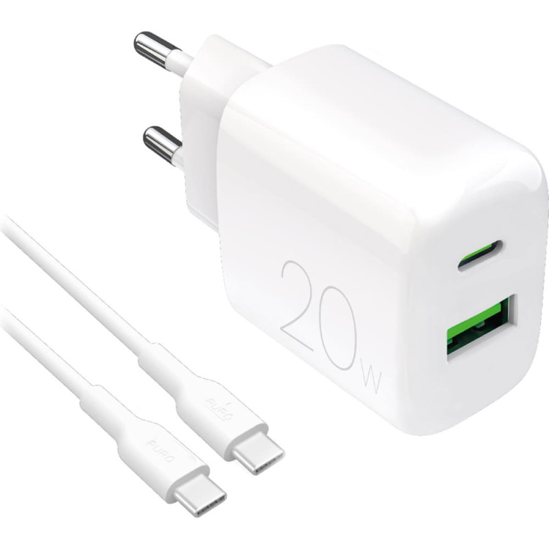 Puro USB-A USB-C 20W sienas lādētājs ar 1,2 m USB-C kabeli - balts