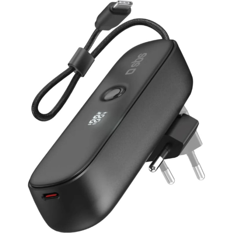 SBS 5000mAh pārnēsājamais akumulators ar iebūvētu kabeli un salokāmu PD spraudni 20W - melns