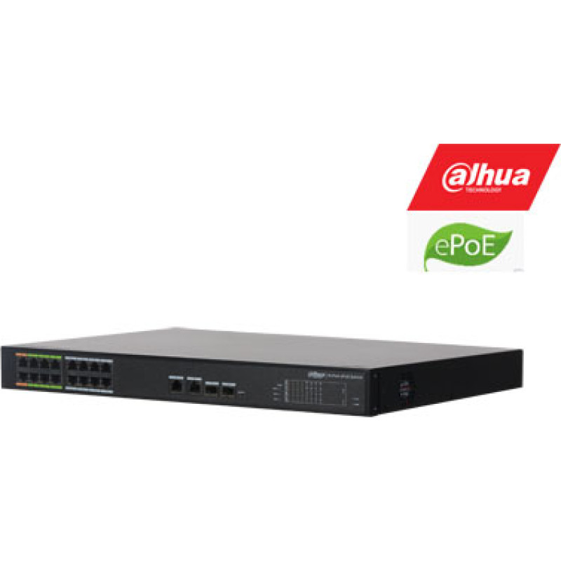 Dahua ePoE slēdzis 100 Mbps 16+2G aug&scaron;upsaite