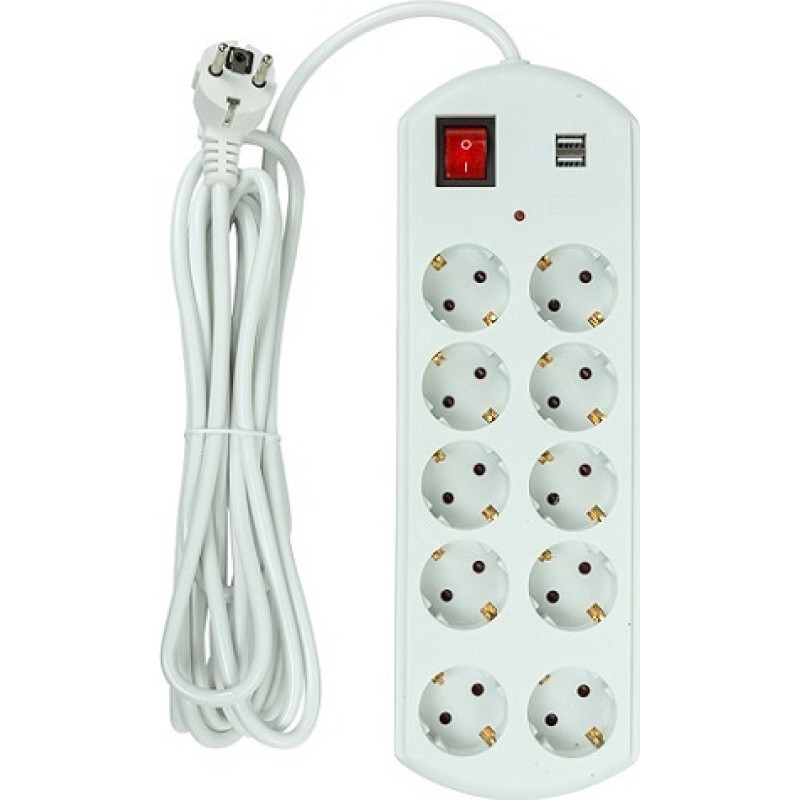 EXD Pagarinātājs 5 m, 10 rozetes, 2x USB, ar slēdzi