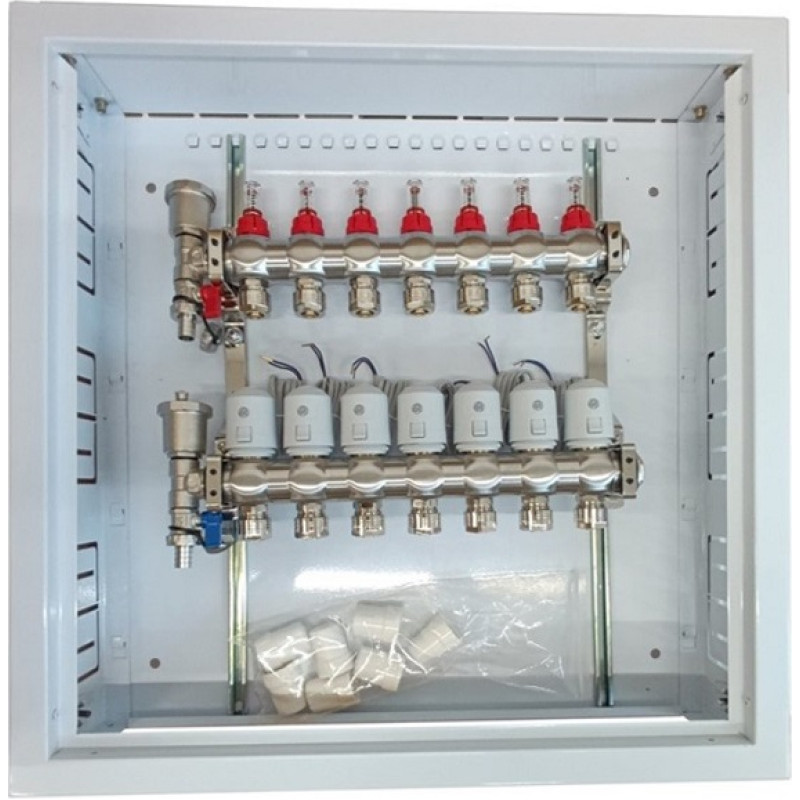 Hismart Apkures kolektors 7 cilpas ar termiskajiem izpildmehānismiem NC AC230V un plūsmas mērītājiem