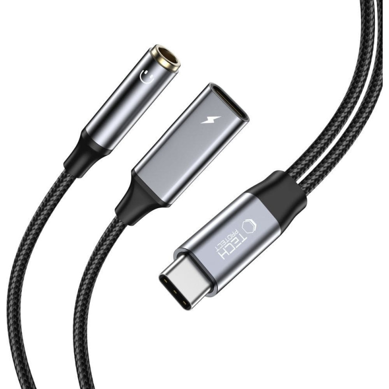 Tech-Protect USB-C - USB-C / mini ligzda 3,5 mm kabelis - melns