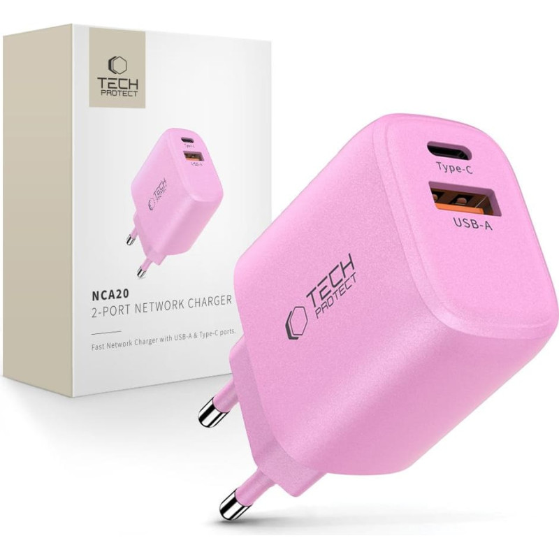 Tech-Protect USB-A USB-C NCA20 PD QC 20W sienas lādētājs - rozā