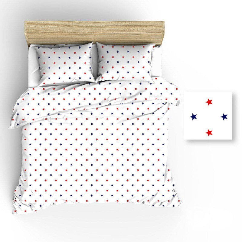 Kokvilnas gultas veļa 160x200 R017 baltas zvaigznes tumši zilas sarkanas 46N