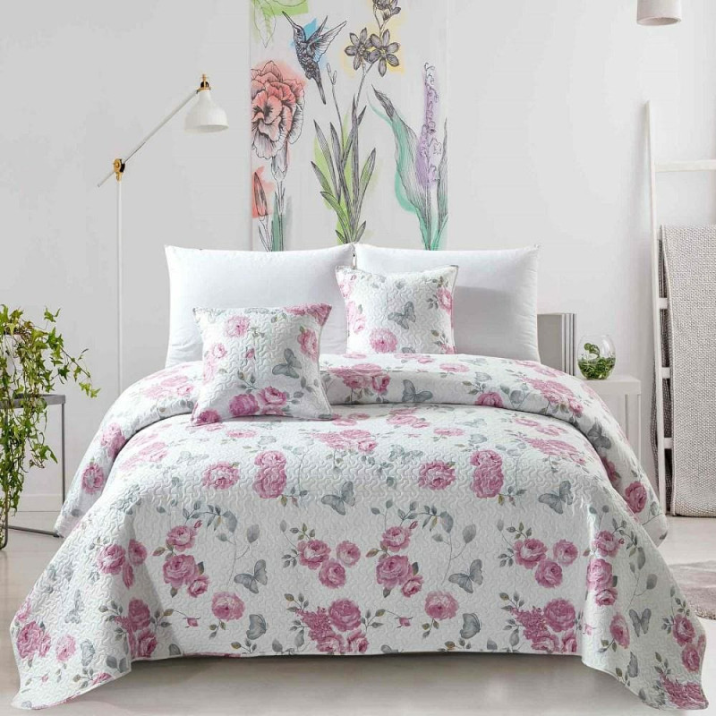 Dekoratīvs gultas pārklājs 200x220 balts ar rozā ziediem stepēts Calmia