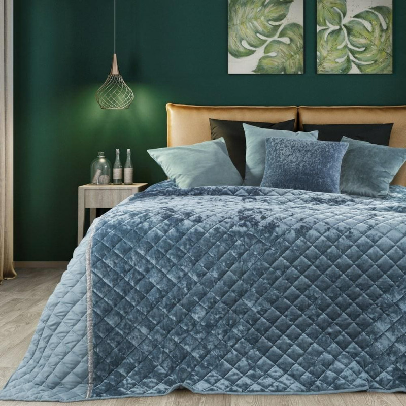 Dekoratīvais gultas pārklājs 220x240 Kristin zils velūrs