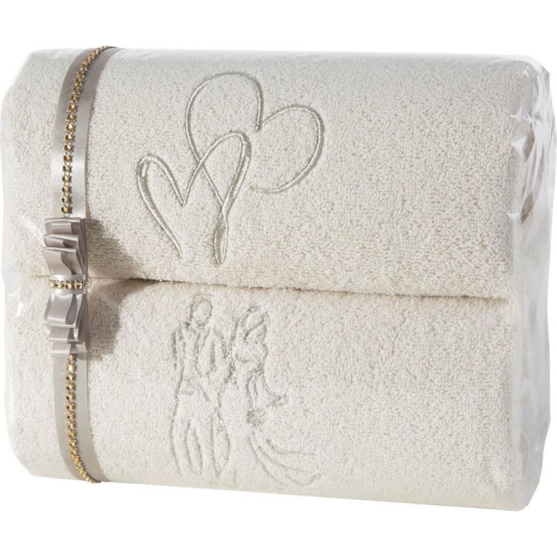 Dvieļu komplekts ar izšuvumu Young Couple 2 gab 50x90 T/0281 ekrū sudraba dāvanu komplekts dāvanai pārim