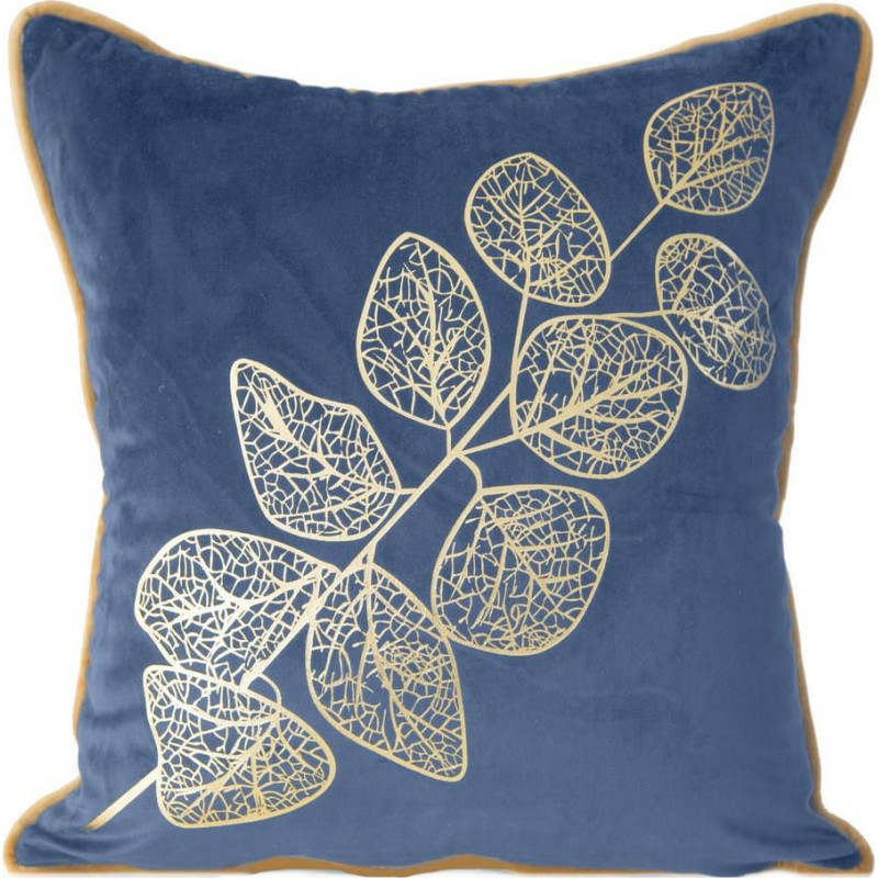 Dekoratīvā spilvendrāna 45x45 Popla tumši zila zelta velūra lapas