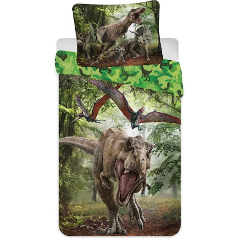 Bērnu gultas veļa 140x200 Jurassic Park dinozauri Jurassic World Green 7332 spilvendrāna 70x90