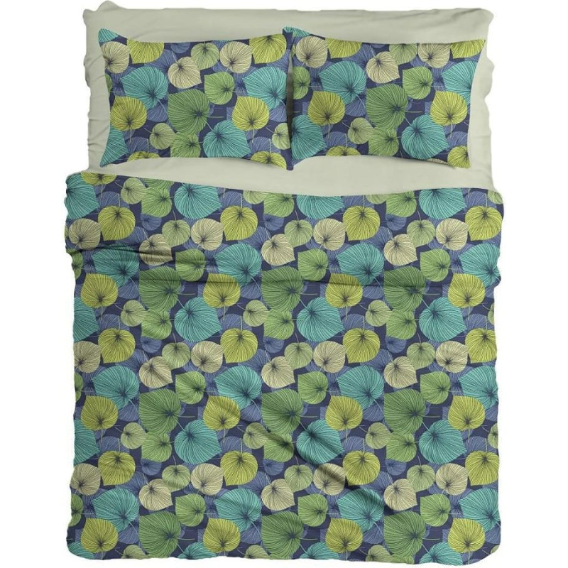 Satīna gultas veļa 220x200 krāsainas lapas tumši zilas R18 deSatin 1 Ranforce