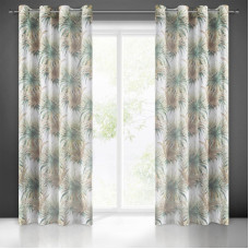 Aizkars 140x250 Estell balts zaļš daļēji caurspīdīgs gaiši matēts marles audums ar lapu apdruku, gatavs caurduršanai