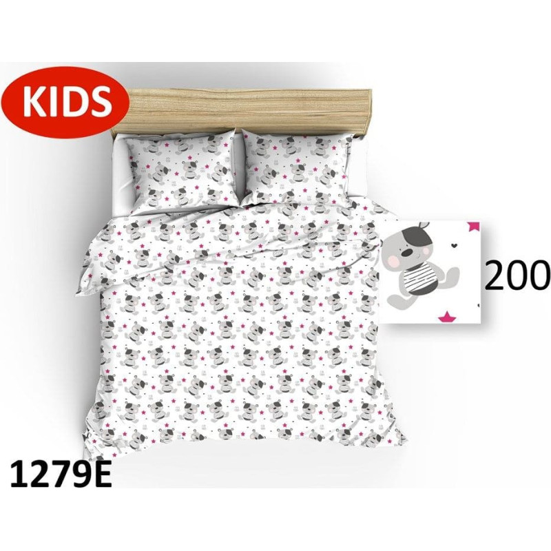 Kokvilnas gultas veļa 140x200 1279E balti rotaļu lācīši zvaigznes rozā pelēkas sirdis