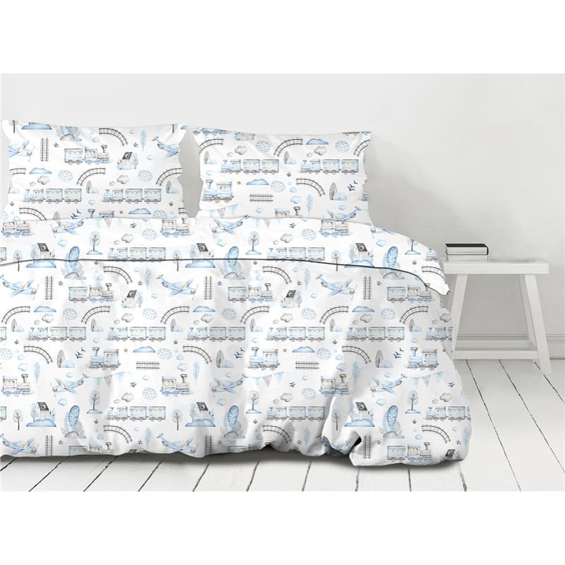 Kokvilnas gultasveļa 160x200 Vilciena vilciens balts zils bērniem Premium