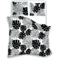 Mikrošķiedras gultas veļa 140x200 Harmony 16 monstera lapas balti melni ar vienu spilvendrānu 70x90