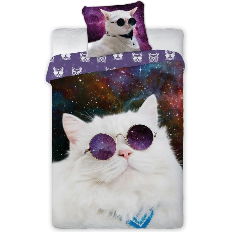 Kokvilnas gultasveļa 140x200 kaķis ar brillēm purpursarkani balts ar vienu spilvendrānu 70x90 jauniešu 23