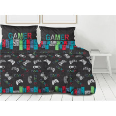 Kokvilnas gultas veļa 140x200 Gamer Over grafīta krāsas paliktņi spēlētājiem Premium Bielbaw 1