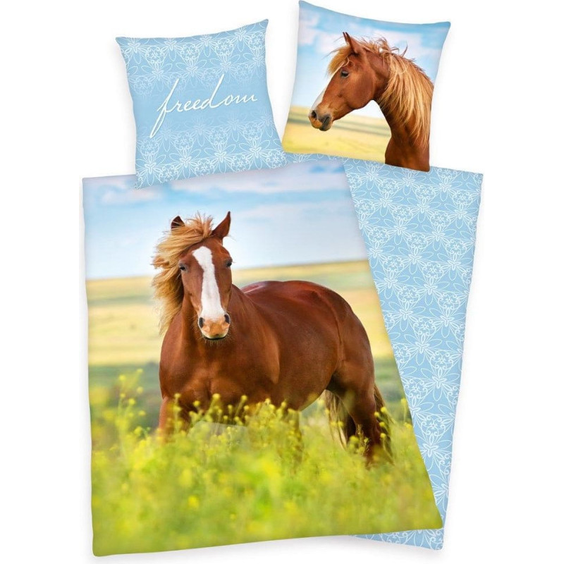 Kokvilnas gultas veļa 140x200 Koń 5146 Konik Horse zila spilvendrāna 70x90