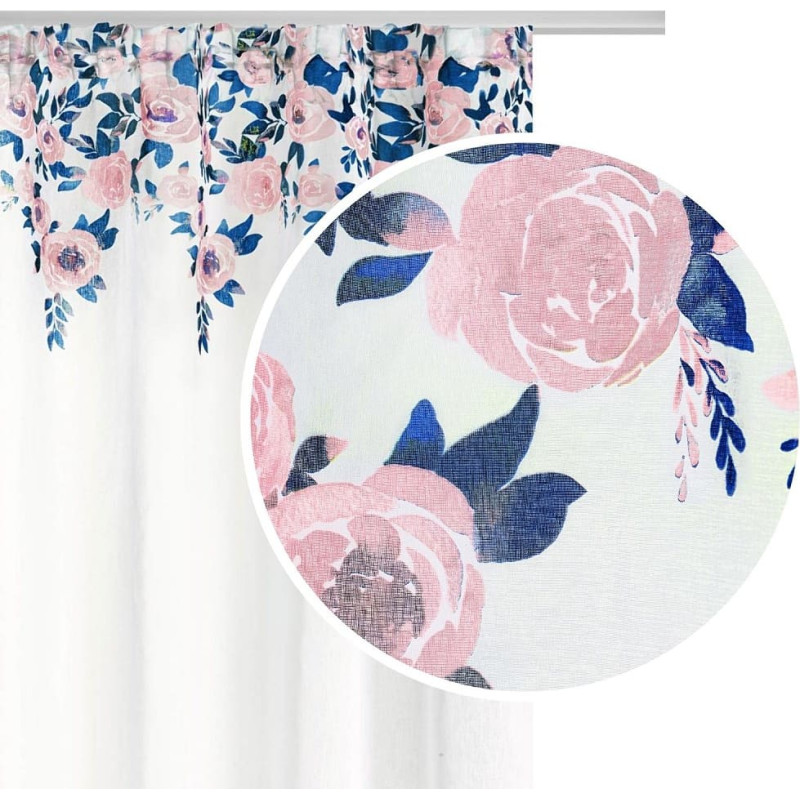 Aizkars 140x250 Savrupmājas ziedi rozes baltas tumši zilas rozā gatavas uz lentes