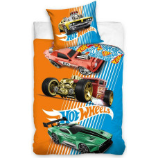 Kokvilnas gultas veļa 140x200 Hot Wheels 2 automašīnas zili oranža spilvendrāna 70x80 C23