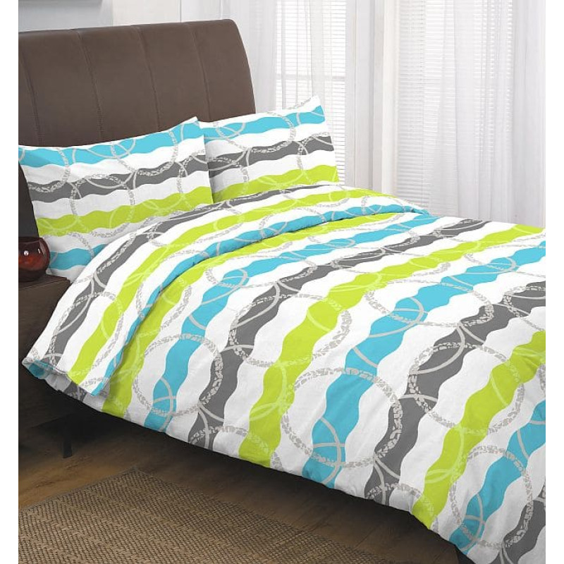 Kokvilnas gultas veļa 180 x 200 473 E svītras, baltas pelēkas, zaļas, zilas, apļi
