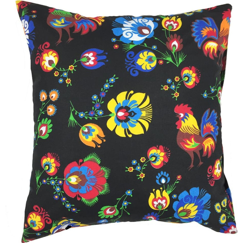 Kokvilnas spilvendrāna 40x40 1296E, melni, krāsaini gaiļi no Łowicz