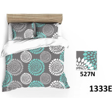 Kokvilnas gultasveļa 140x200 1333E pelēki tirkīza ziedi 527N ar rāvējslēdzēju abās pusēs