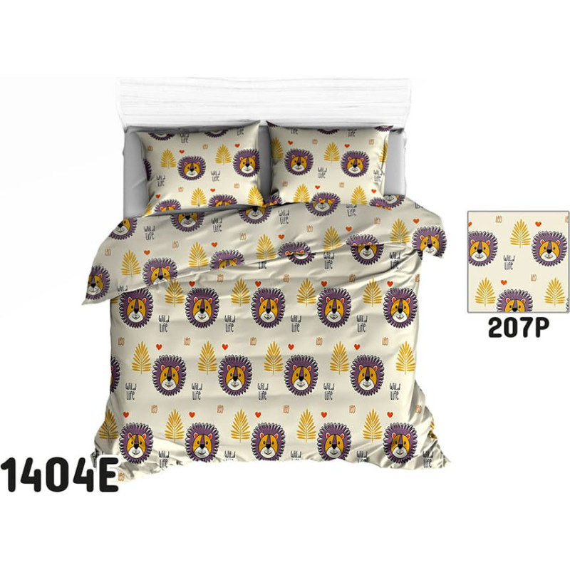 Kokvilnas gultas veļa 160x200 1404E krējuma lauvas laimīgi savvaļas dzīvnieki 207P