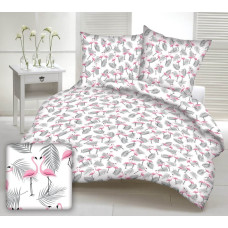 Kokvilnas gultasveļa 140x200 1660E balti flamingo rozā palmu lapas pelēkas