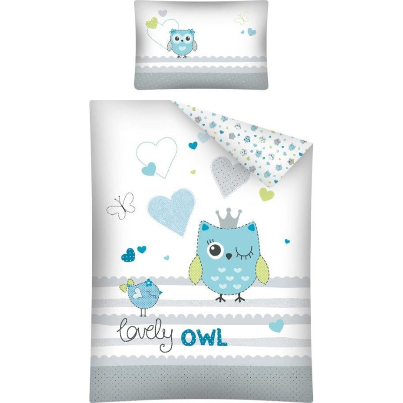 Kokvilnas gultasveļa 100x135 2786 Pūces putnu sirsniņas Lovely Pūce balta zili pelēka