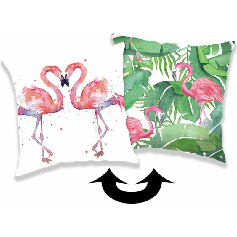 Dekoratīvā spilvendrāna 40x40 3D Flamingos rozā 7647 palmu lapas zaļas burvju krāsas maiņas fliteļi